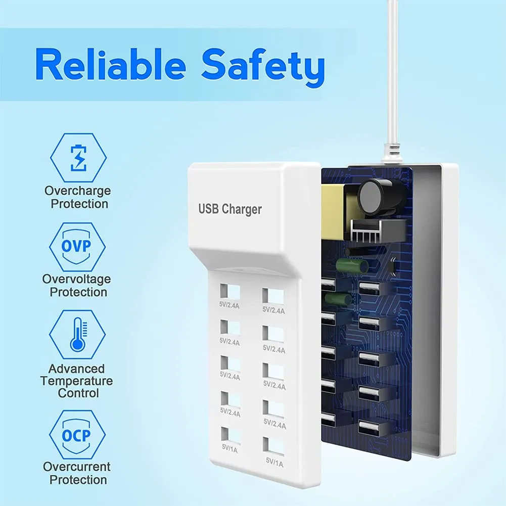 10-Port USB Wall Charger Station with Rapid Charging Auto Detect Technology Safety Guaranteed Family-Sized USB Ports for Multiple Devices Smart Phone Tablet Laptop Computer