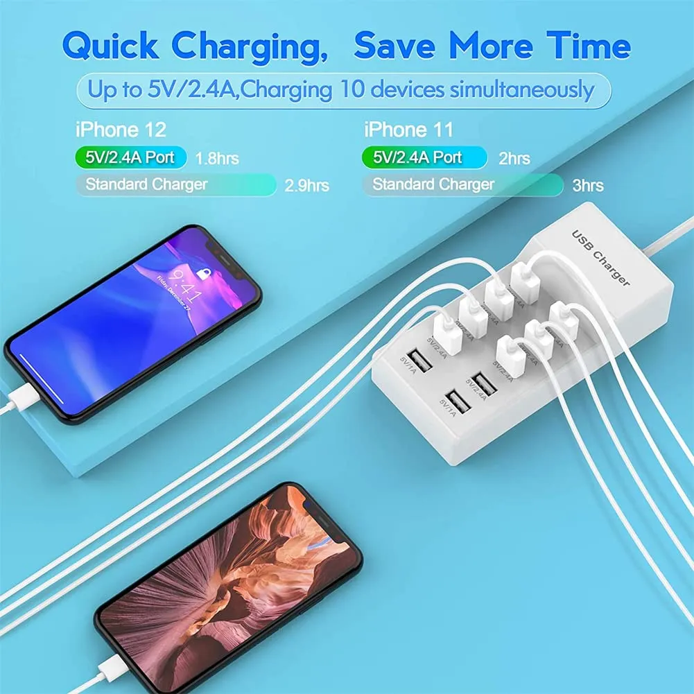 10-Port USB Wall Charger Station with Rapid Charging Auto Detect Technology Safety Guaranteed Family-Sized USB Ports for Multiple Devices Smart Phone Tablet Laptop Computer