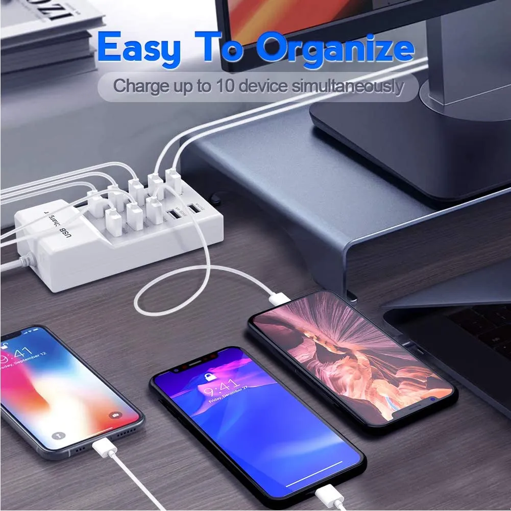 10-Port USB Wall Charger Station with Rapid Charging Auto Detect Technology Safety Guaranteed Family-Sized USB Ports for Multiple Devices Smart Phone Tablet Laptop Computer