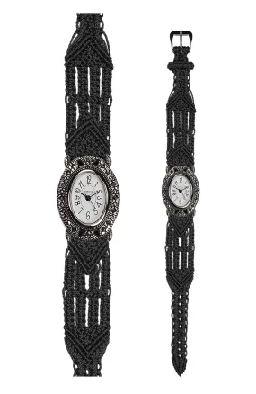 106 Black - Wide with Vintage Style Oval Marcasite Watch