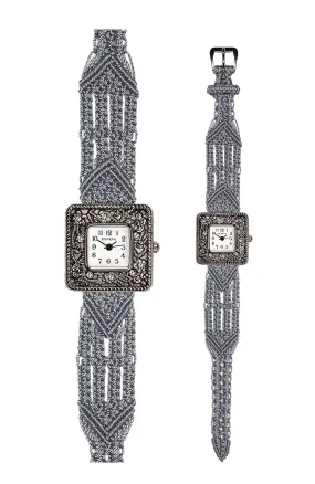 106 Grey - Wide with Antique Style Square Marcasite Watch