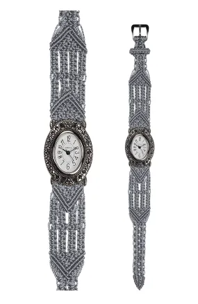 106 Grey - Wide with Vintage Style Oval Marcasite Watch