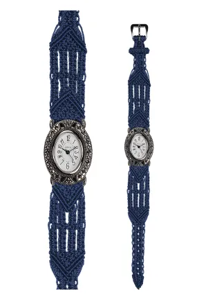 106 Navy - Wide with Vintage Style Oval Marcasite Watch