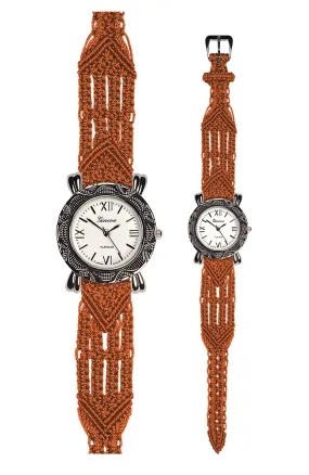 106 Orange - Wide with Bali Style Round Etched Silver Watch