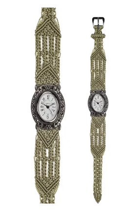 106 Tan - Wide with Vintage Style Oval Marcasite Watch