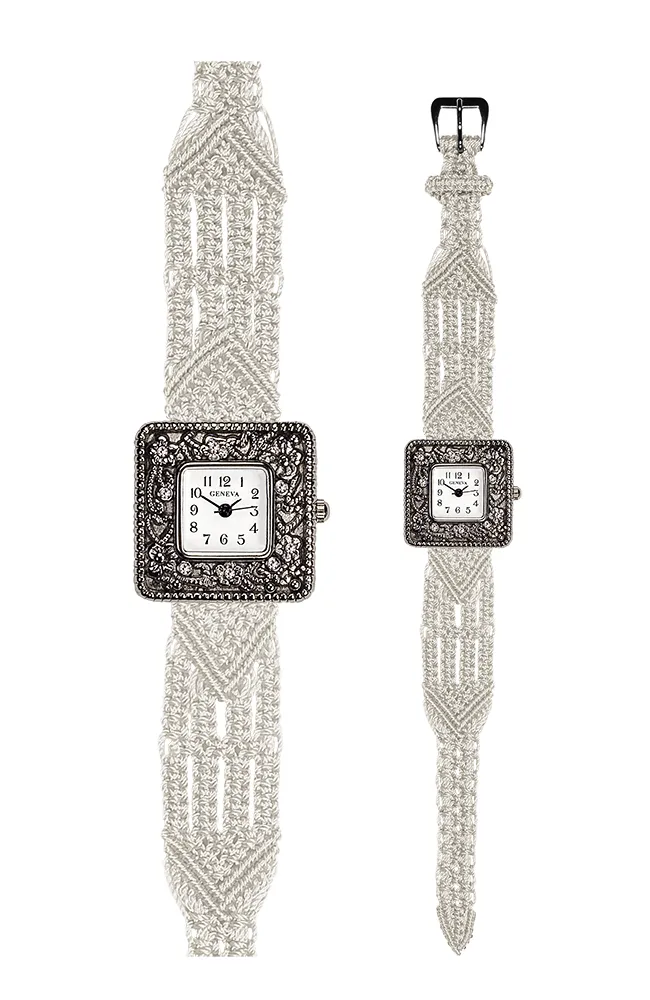 106 White - Wide with Antique Style Square Marcasite Watch