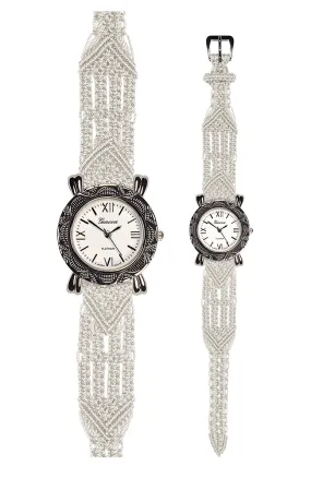 106 White - Wide with Bali Style Round Etched Silver Watch