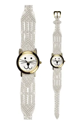 106 White - Wide with Gold Cat Watch