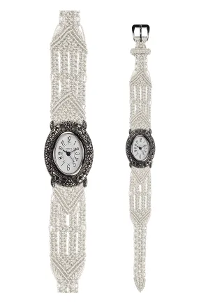 106 White - Wide with Vintage Style Oval Marcasite Watch