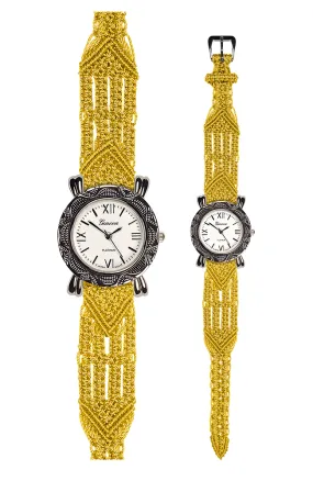 106 Yellow - Wide with Bali Style Round Etched Silver Watch