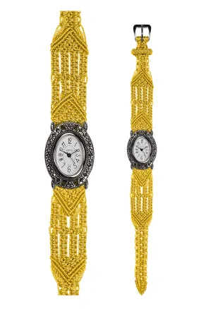 106 Yellow - Wide with Vintage Style Oval Marcasite Watch