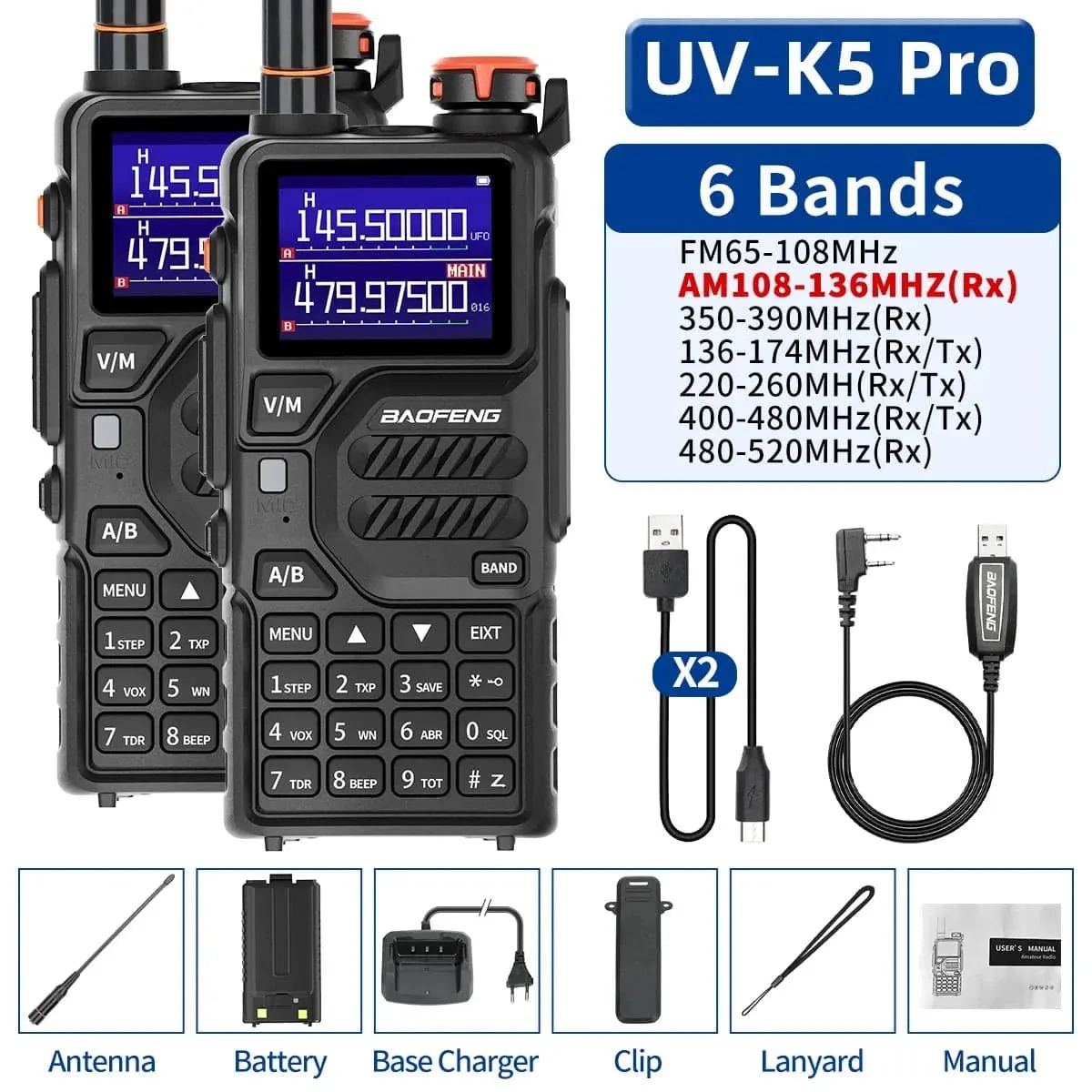 1/2PCS Baofeng UV-K5 Pro Air Band Walkie Talkie 12W Wireless Copy Frequency Type-C DTMF Long Range Ham Two Way Radio Receiver