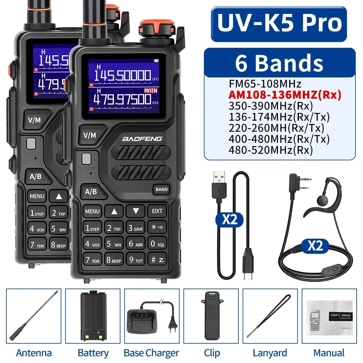 1/2PCS Baofeng UV-K5 Pro Air Band Walkie Talkie 12W Wireless Copy Frequency Type-C DTMF Long Range Ham Two Way Radio Receiver