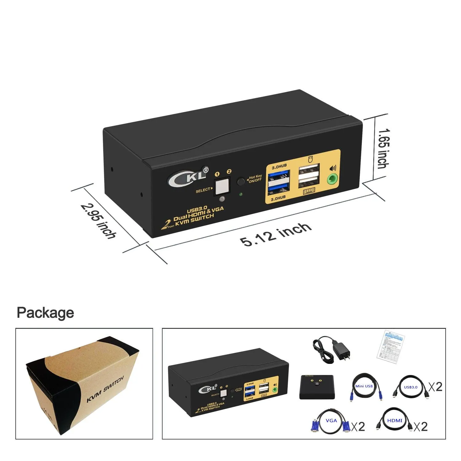 2 Port USB 3.0 HDMI VGA KVM Switch Dual Monitor 4K@60Hz CKL-922HV-3