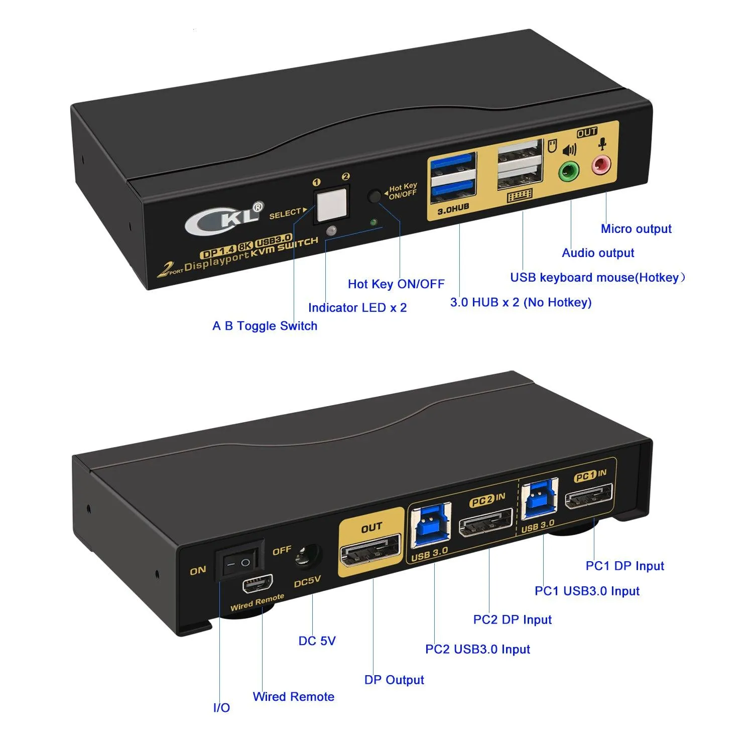 2 Port USB 3.0 KVM Switch Single Monitor DisplayPort 1.4 8K@30Hz 4K@144Hz for 2 Computers 1 Monitors CKL-62DP-4