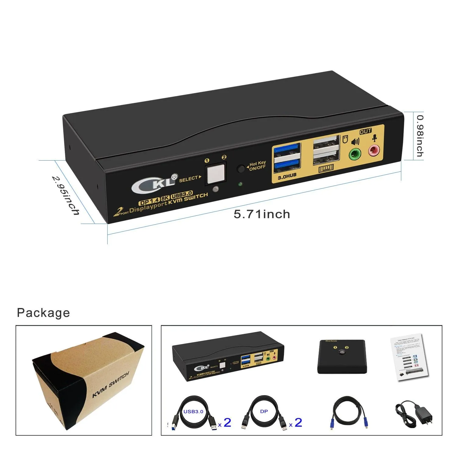 2 Port USB 3.0 KVM Switch Single Monitor DisplayPort 1.4 8K@30Hz 4K@144Hz for 2 Computers 1 Monitors CKL-62DP-4