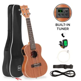 23in Acoustic Electric Concert Sapele Ukulele Starter Kit w/ Built-in Tuner