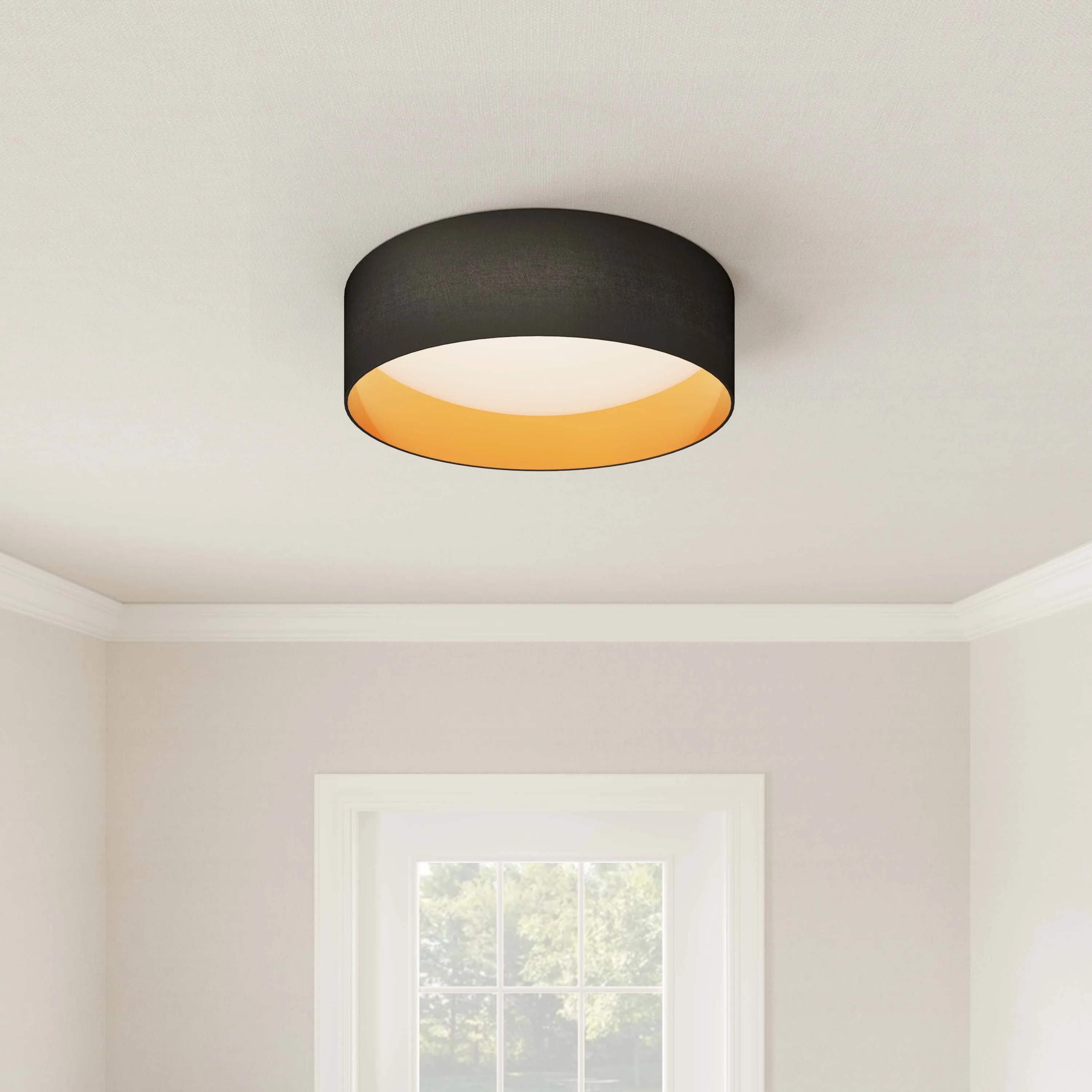 25W Rosata LED Flush Mount Fixture - Burnished Gold - Black Fabric - 16in. Diameter - LED