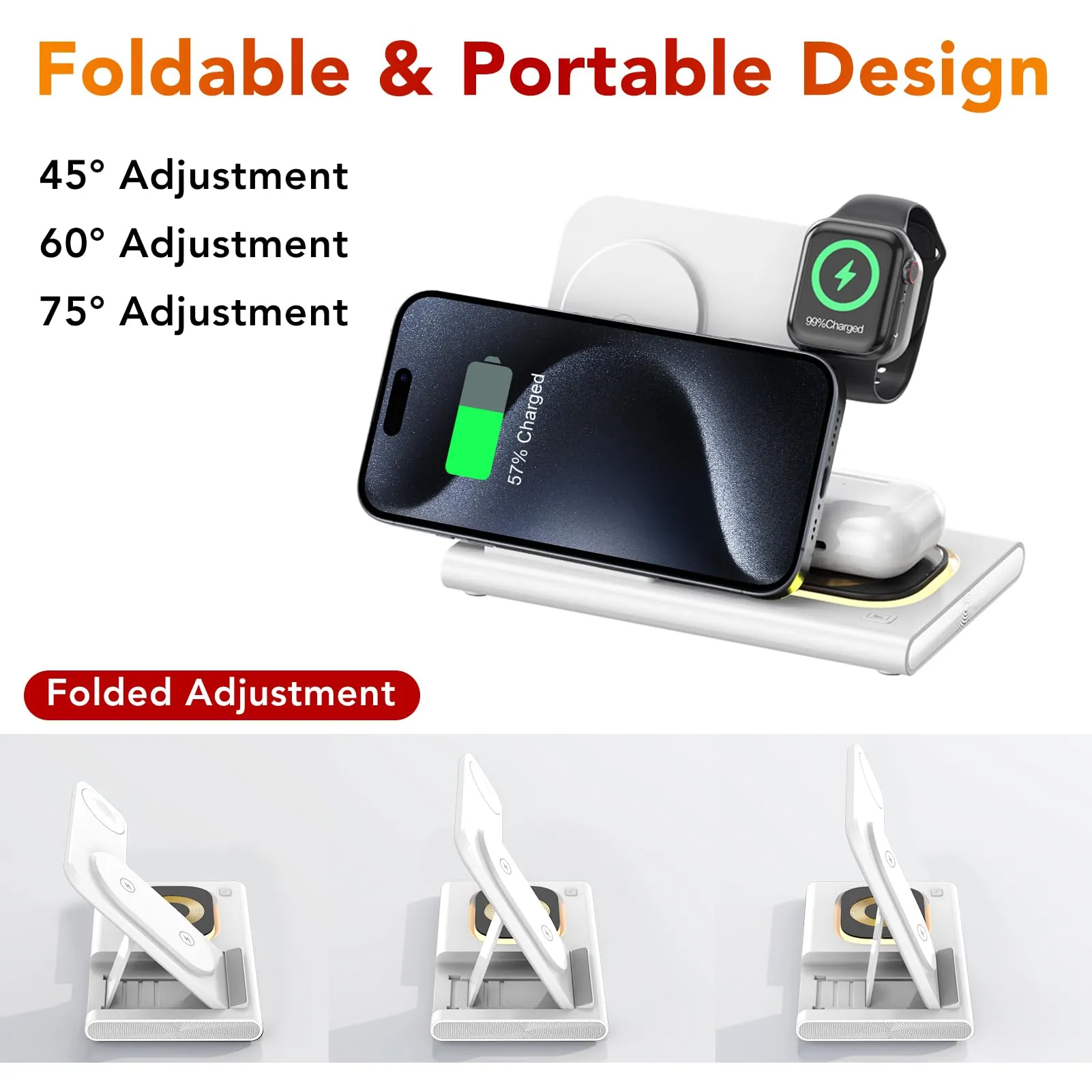 3 in 1 Foldable Charging Station for Apple Products,Fast Wireless Charger Travel Dock Adapter&Light for iPhone 16/15/14/13/12/11/X/XS,for iWatch 10/9/8/7/Ultra2/Ultra/SE,for AirPods 4/3/2/Pro/2(White)