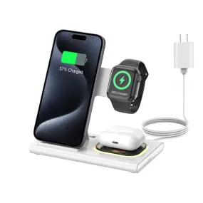 3 in 1 Foldable Charging Station for Apple Products,Fast Wireless Charger Travel Dock Adapter&Light for iPhone 16/15/14/13/12/11/X/XS,for iWatch 10/9/8/7/Ultra2/Ultra/SE,for AirPods 4/3/2/Pro/2(White)