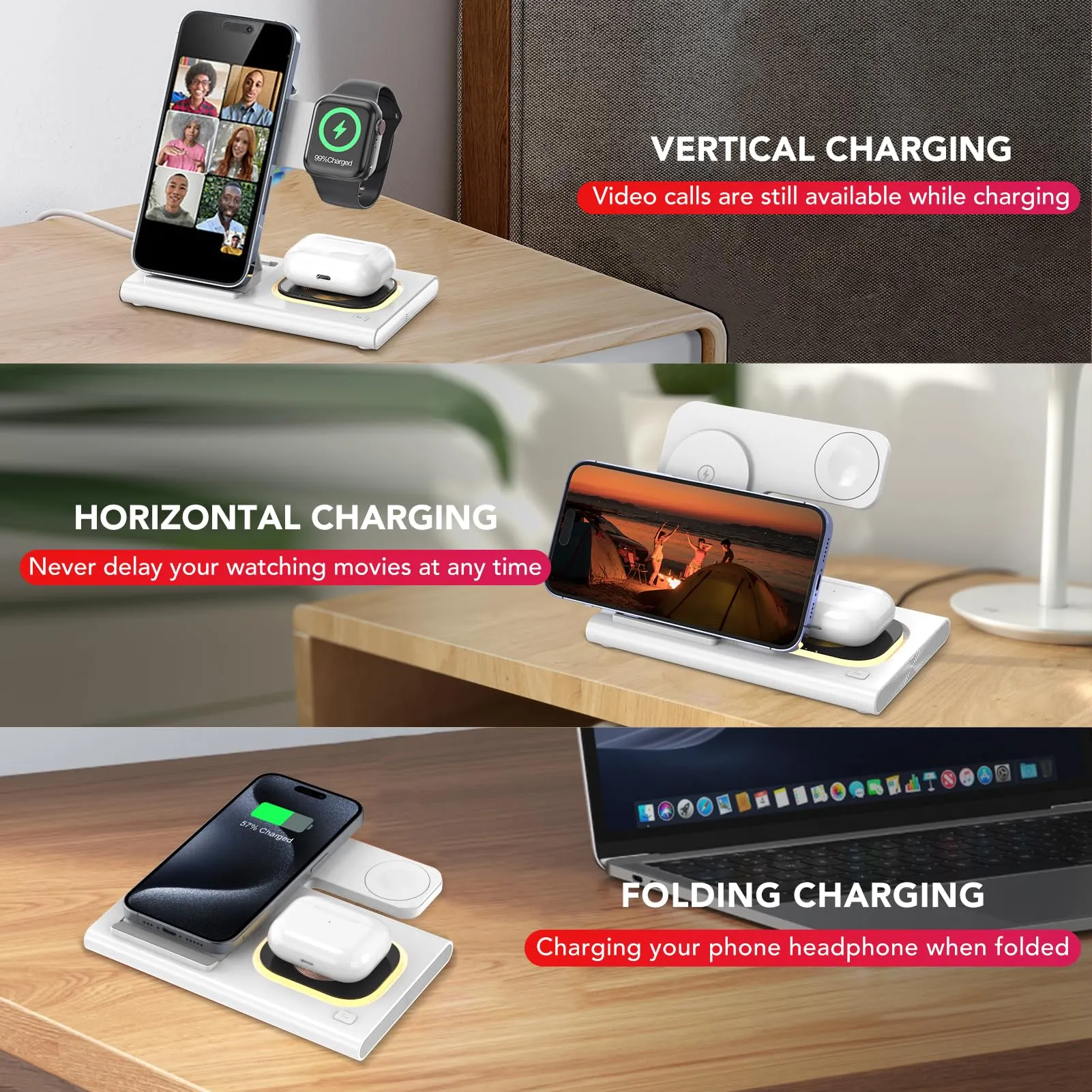 3 in 1 Foldable Charging Station for Apple Products,Fast Wireless Charger Travel Dock Adapter&Light for iPhone 16/15/14/13/12/11/X/XS,for iWatch 10/9/8/7/Ultra2/Ultra/SE,for AirPods 4/3/2/Pro/2(White)