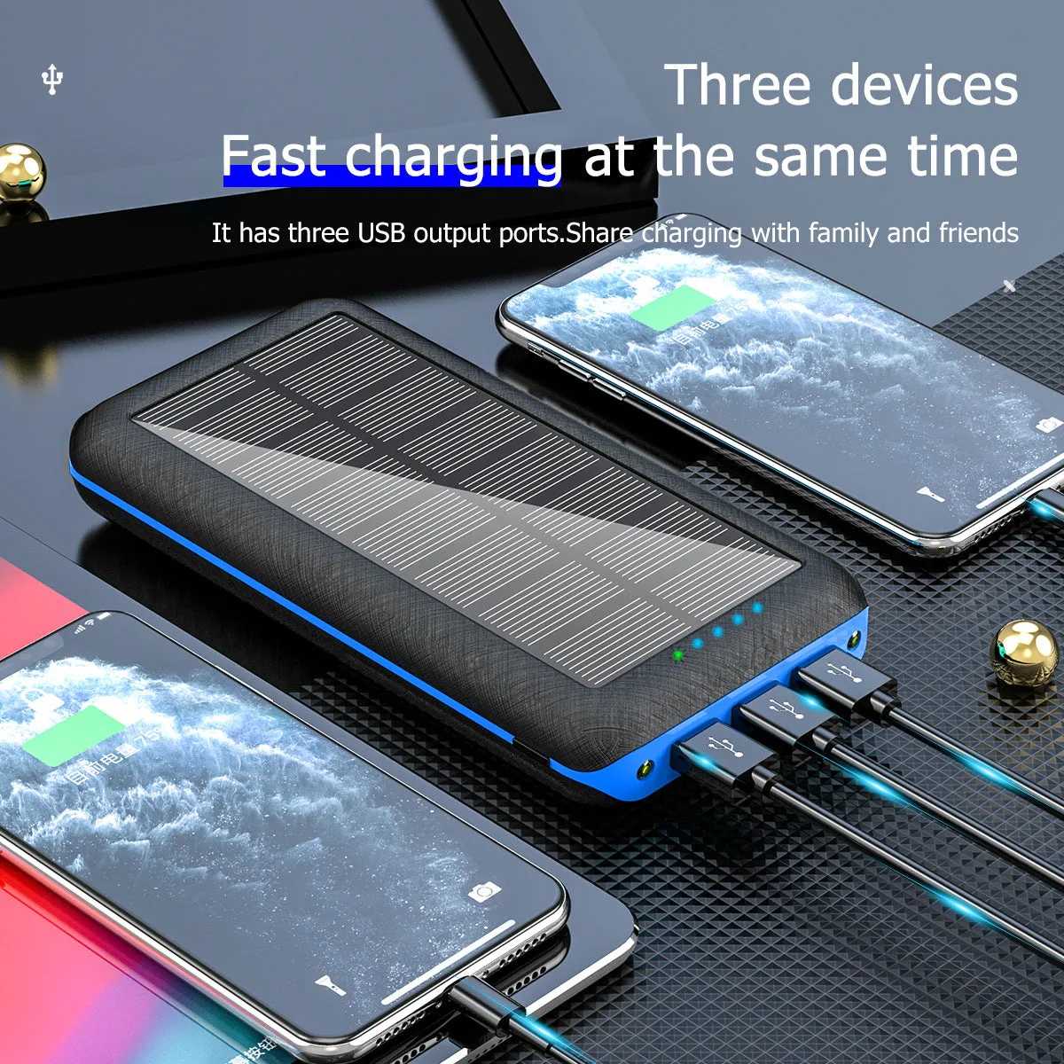 3Usb Wireless Solar Power Bank Double Lights