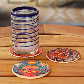 4 Decoupage Pinewood Coasters with Mexican Huichol Motifs - Huichol Inspiration | NOVICA