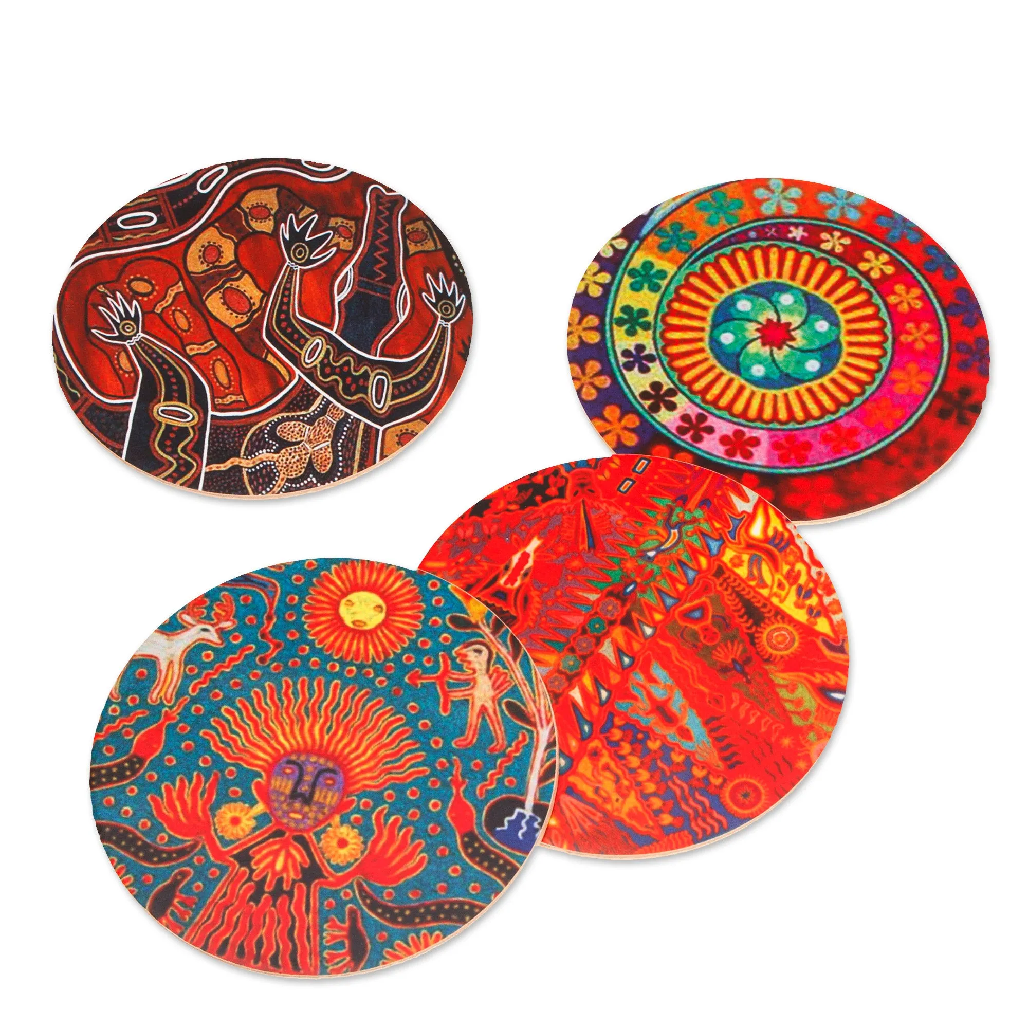 4 Decoupage Pinewood Coasters with Mexican Huichol Motifs - Huichol Inspiration | NOVICA