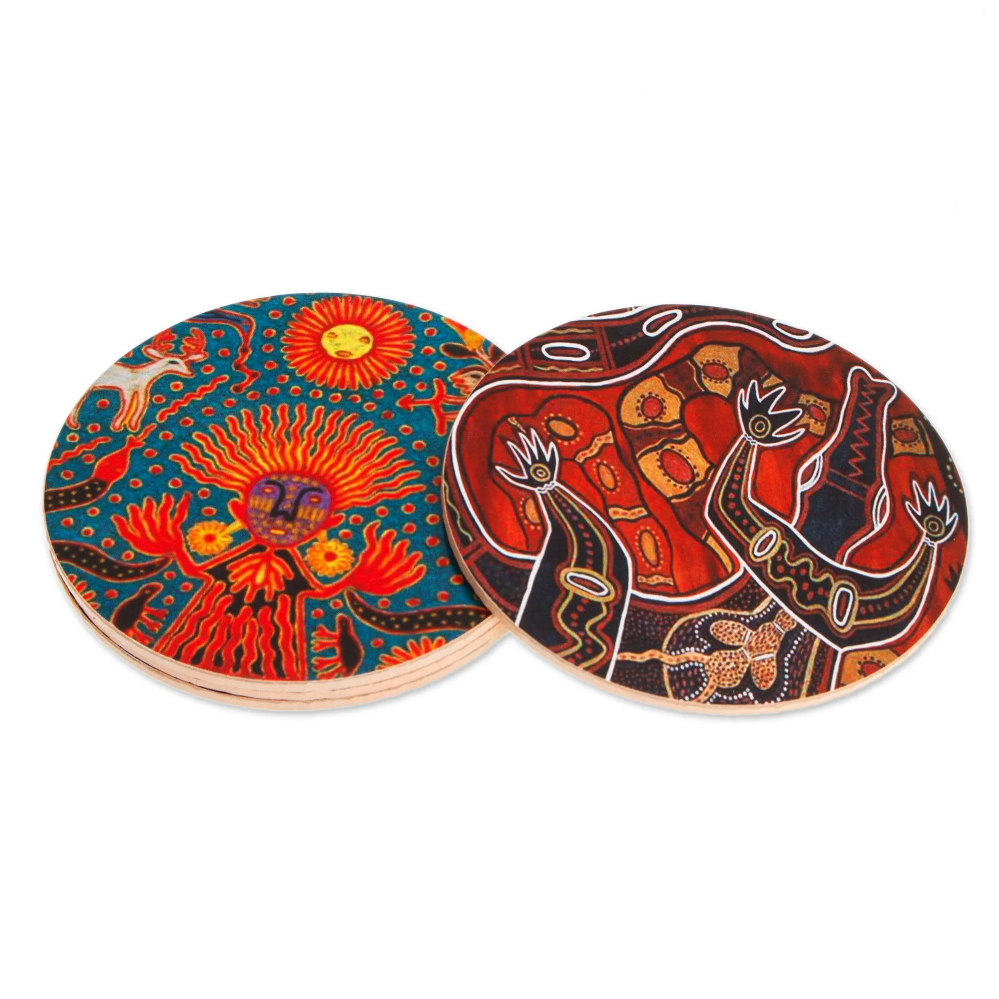 4 Decoupage Pinewood Coasters with Mexican Huichol Motifs - Huichol Inspiration | NOVICA