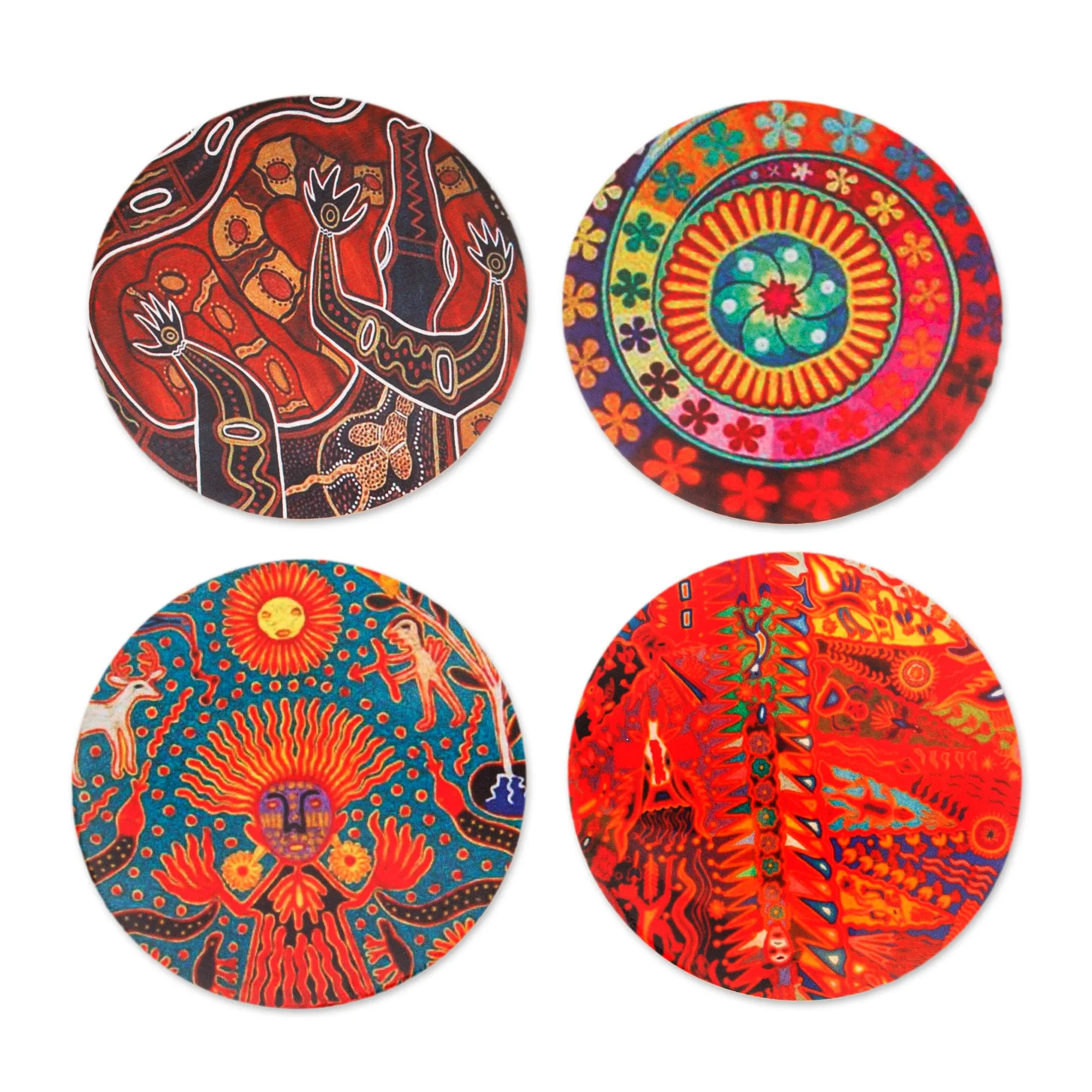 4 Decoupage Pinewood Coasters with Mexican Huichol Motifs - Huichol Inspiration | NOVICA