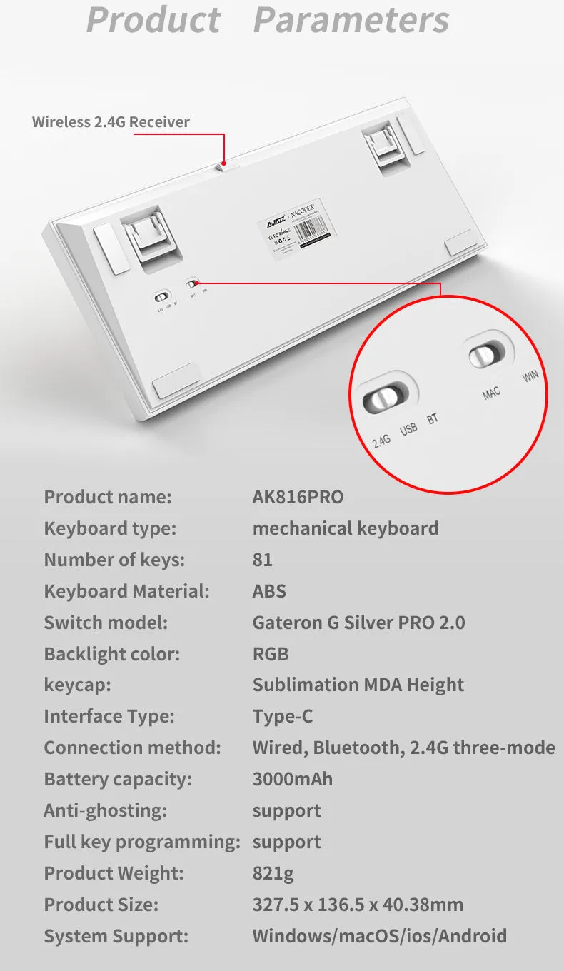 Ajazz AK816 PRO White Mechanical keyboard Wired&Wireless (Silver switch)