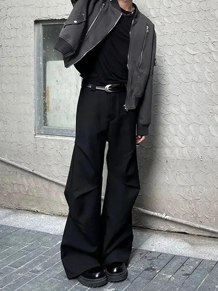 American Style Elastic Waist Loose-fit Casual Trousers 280gm Sensibility Ruffled Wide-leg Pants Men's Tuxedo Pants