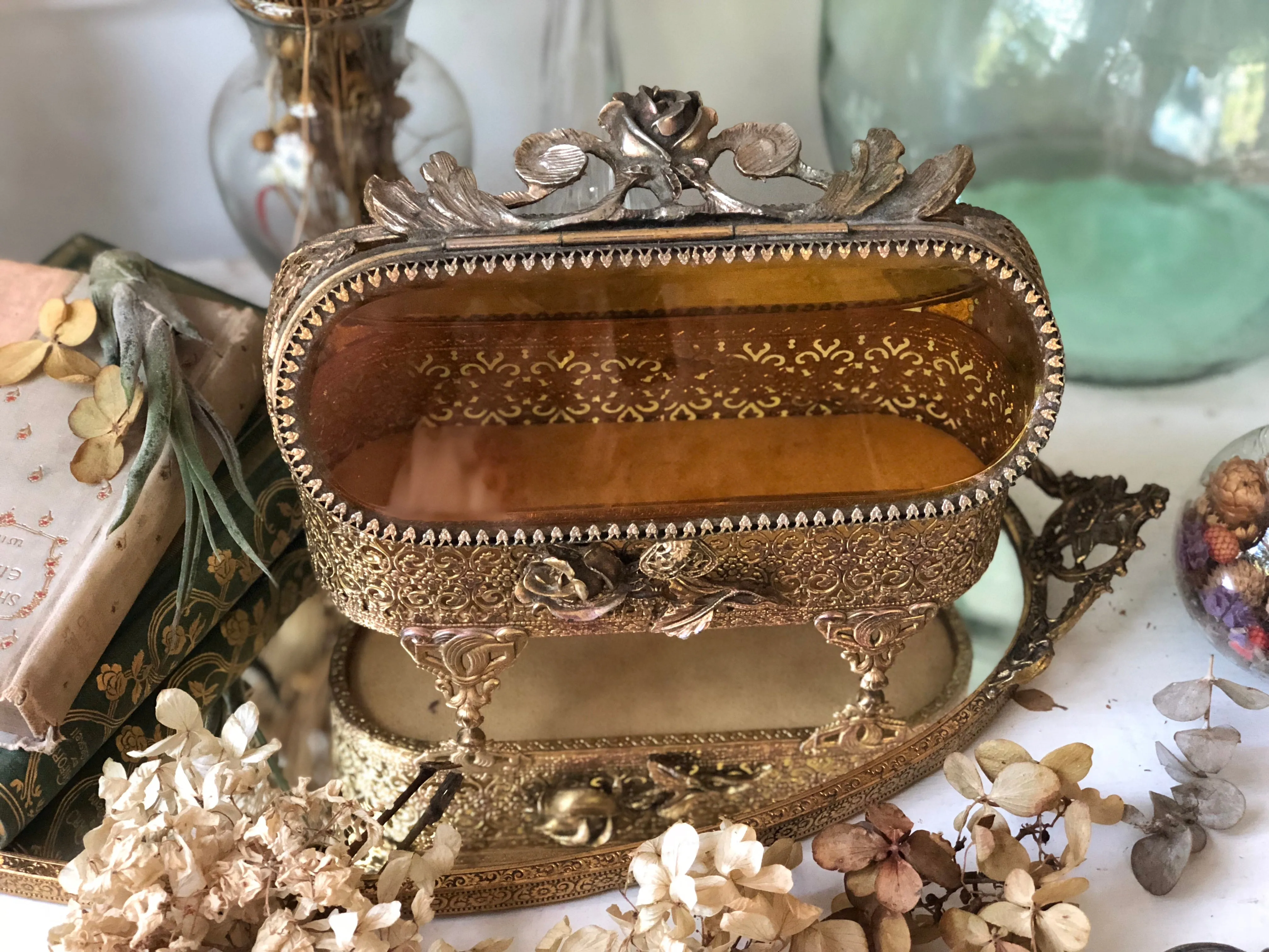 Antique Rare Amber Glass Jewelry Box