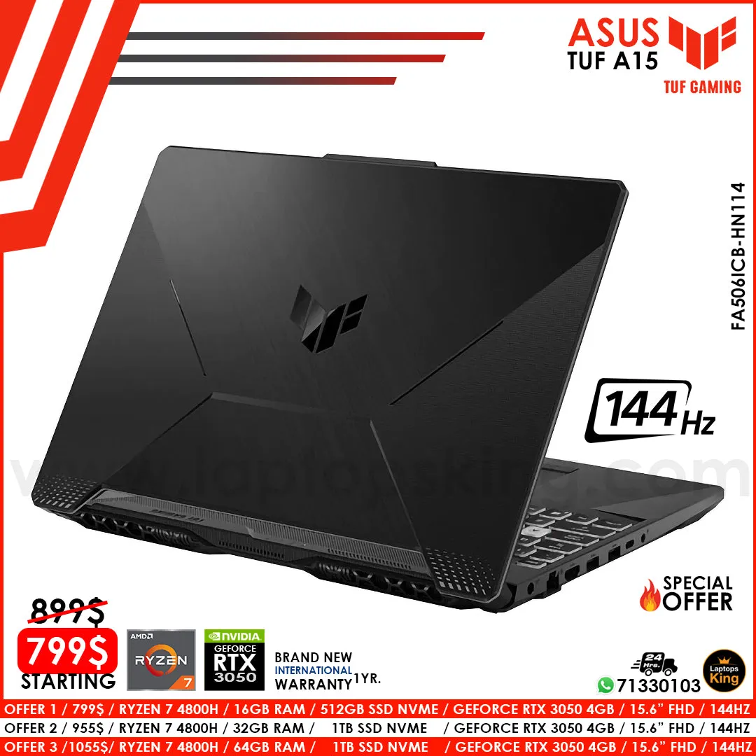 Asus Tuf A15 FA506ICB-HN114 Ryzen 7 4800h Rtx 3050 144Hz Gaming Laptops (Brand New)