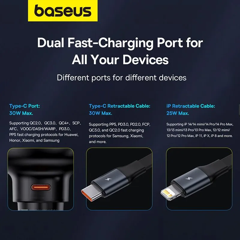 Baseus Car Charger Enjoyment USB-C with USB-C cable and Lightning 60W (black) C00057802111-00