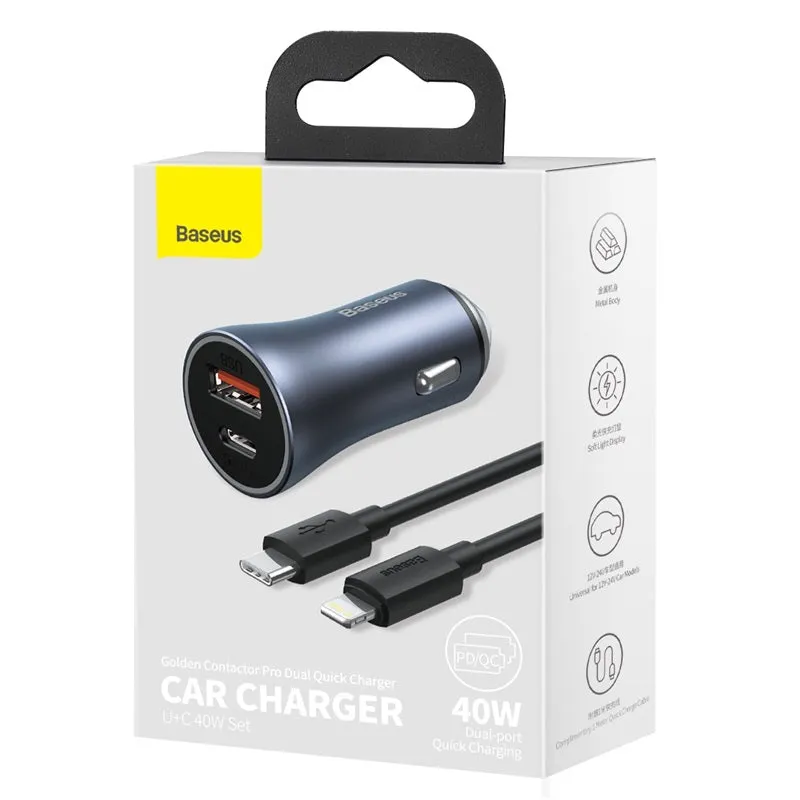 Baseus Golden Contactor Pro Fast Car Charger USB Type C / USB 40 W Power Delivery 3.0 Quick Charge 4  SCP FCP AFC   USB Cable - USB Type C Grey (TZCCJD-0G)