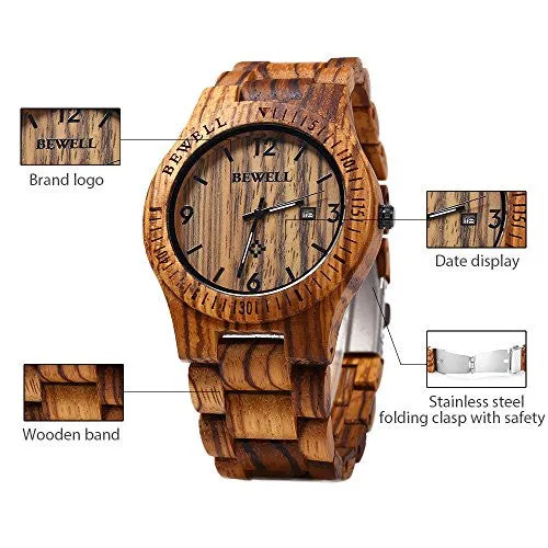 Bewell ZS - W086B Wood Men Watch Analog Quartz Movement Date Display(zera wood )