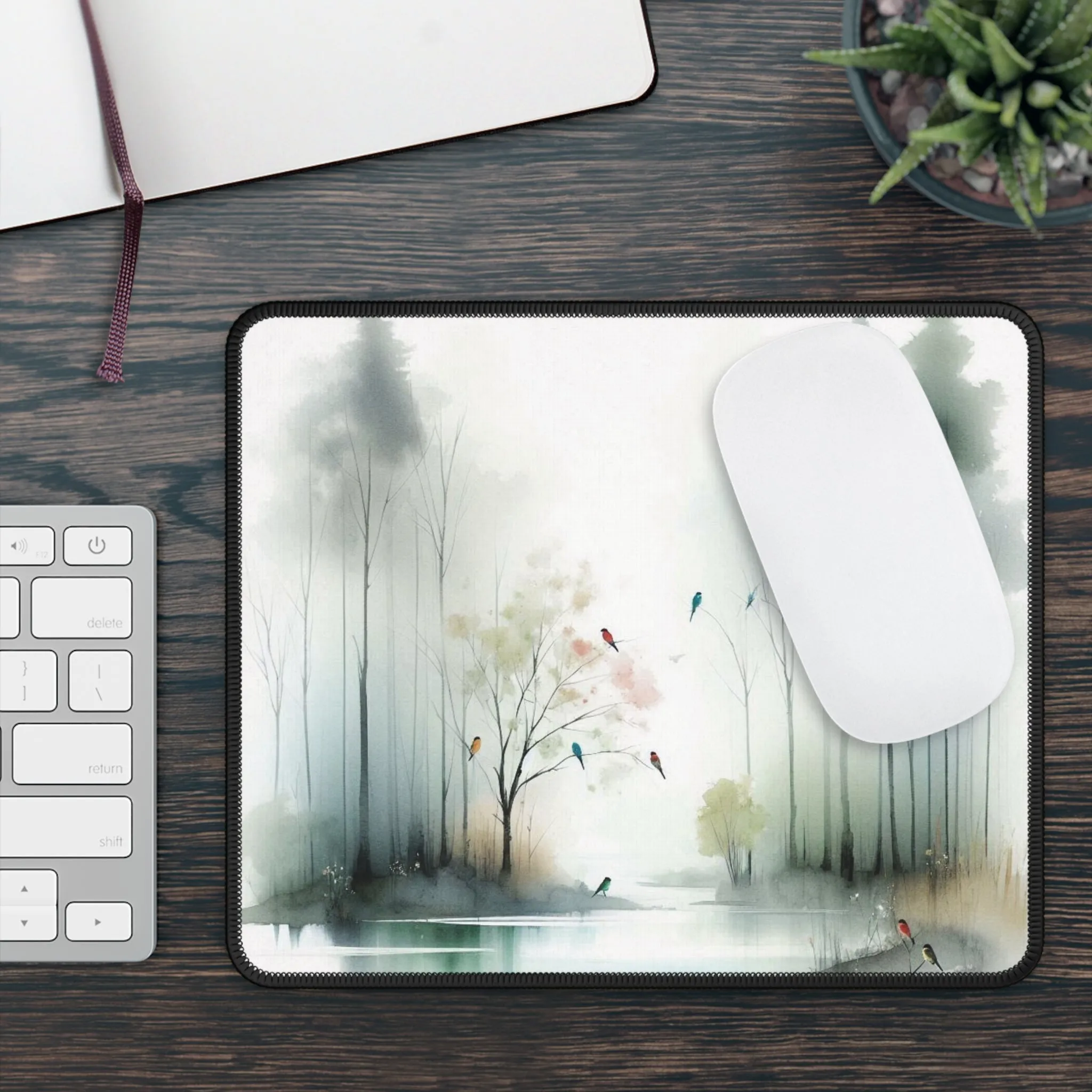 Birds landing on branches in the forest in winter with watercolour effect Gaming Mouse Pad