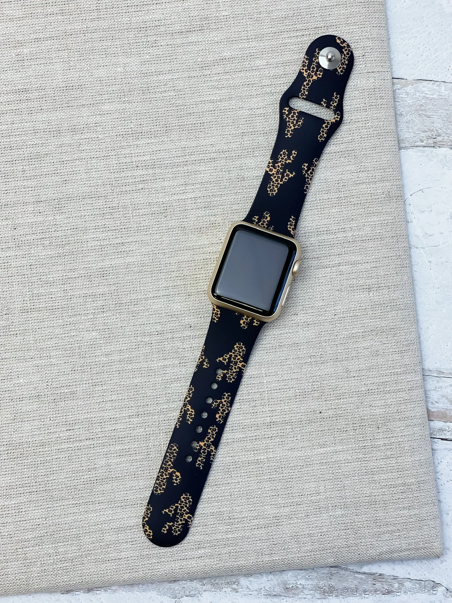 Black Cheetah Cactus Printed Silicone Smart Watch Band - S/M