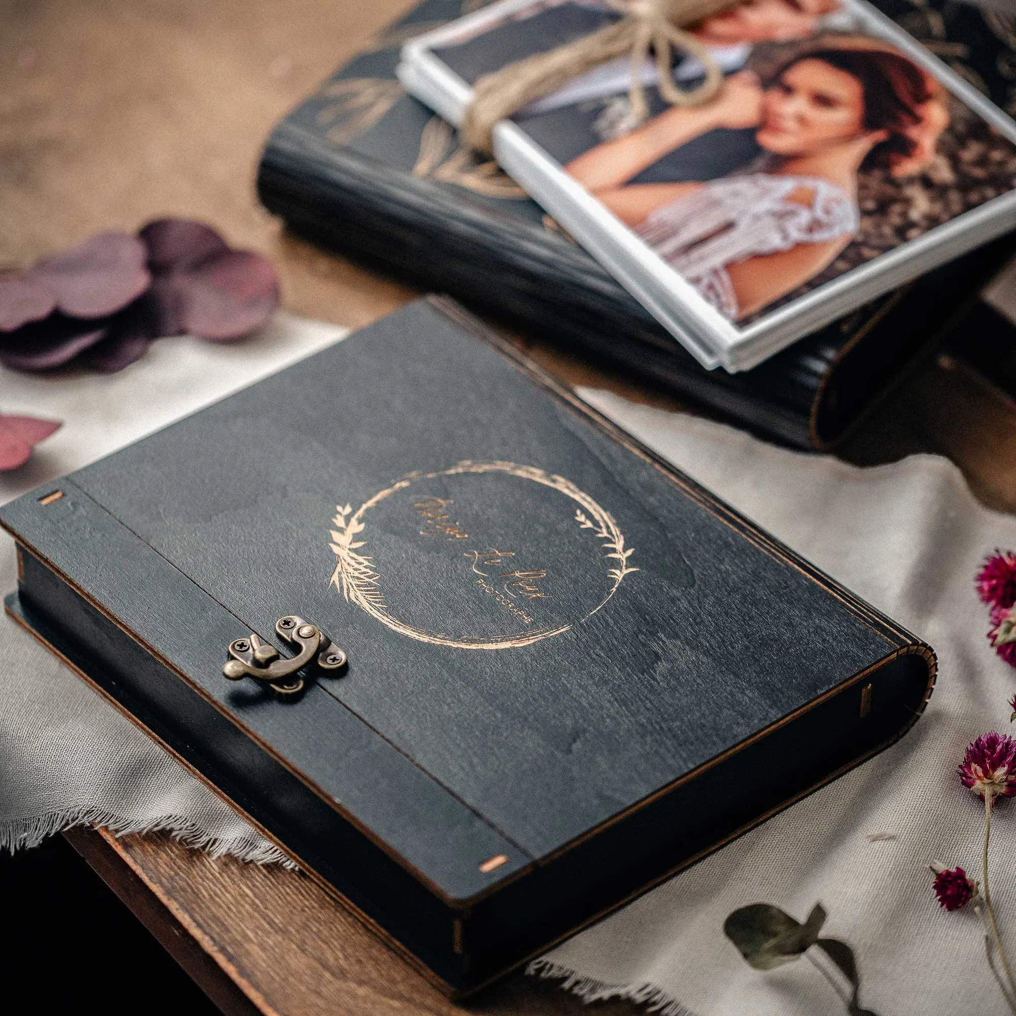 Black Wooden Box for Wedding Photo Presentation