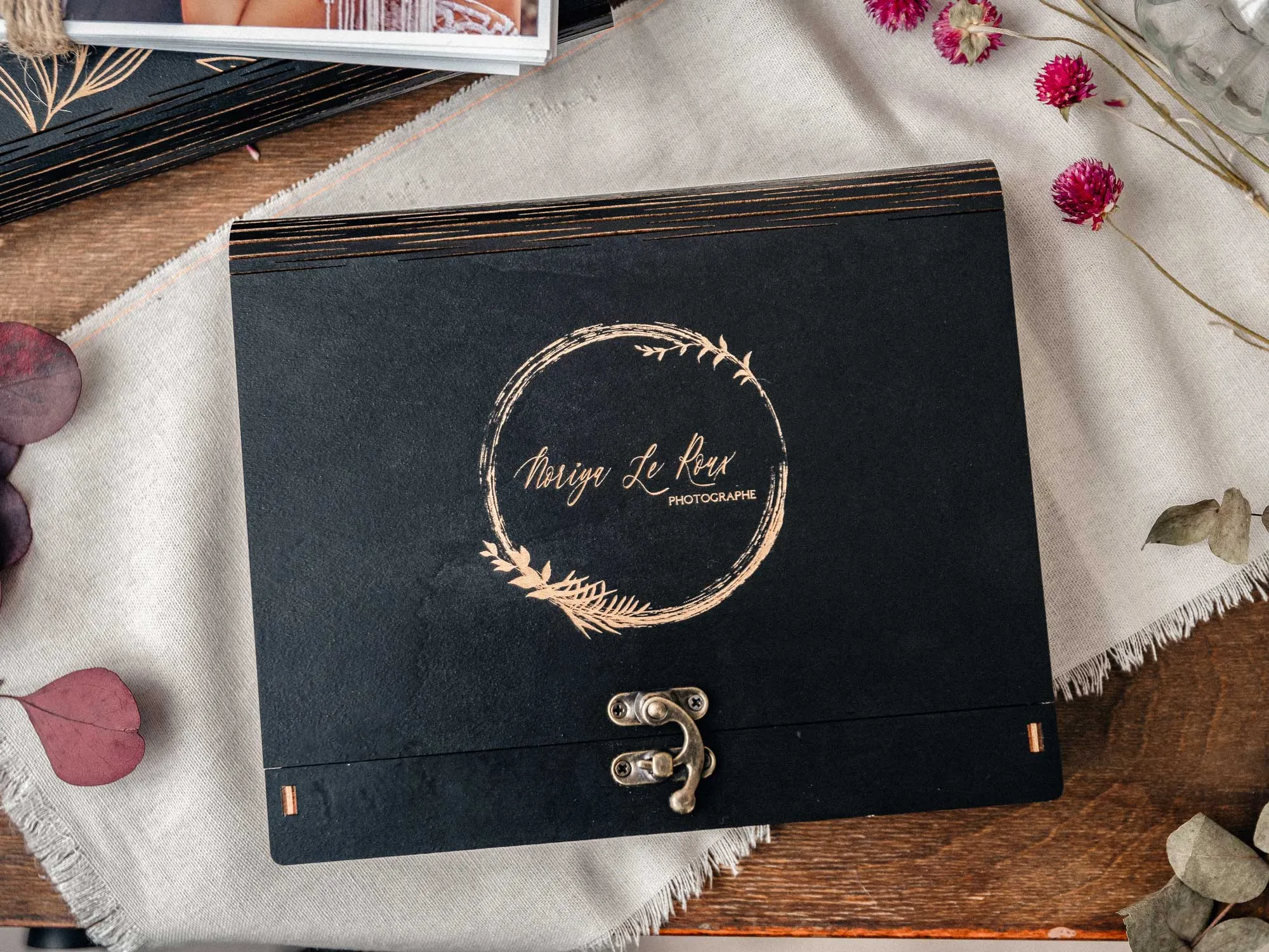 Black Wooden Box for Wedding Photo Presentation