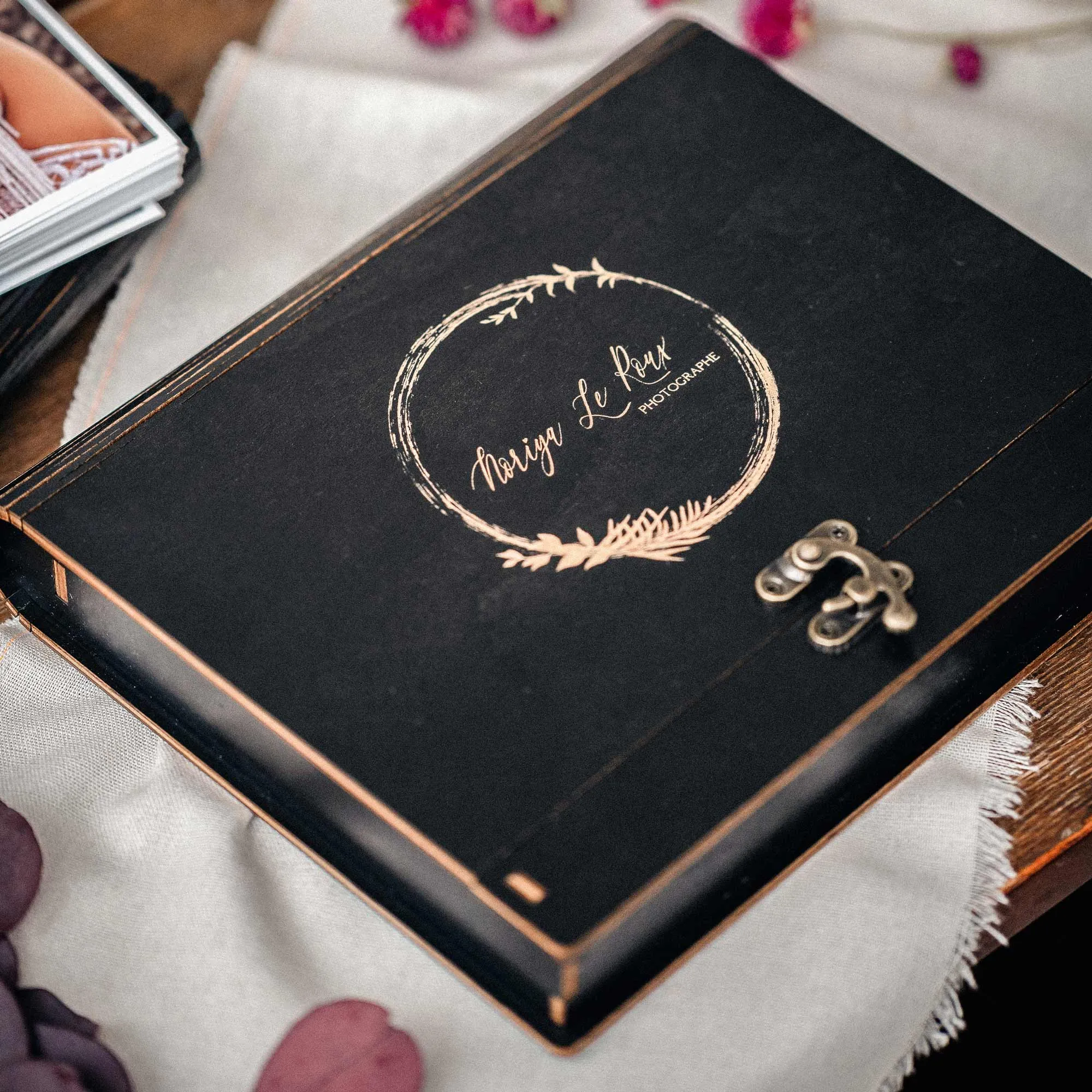 Black Wooden Box for Wedding Photo Presentation