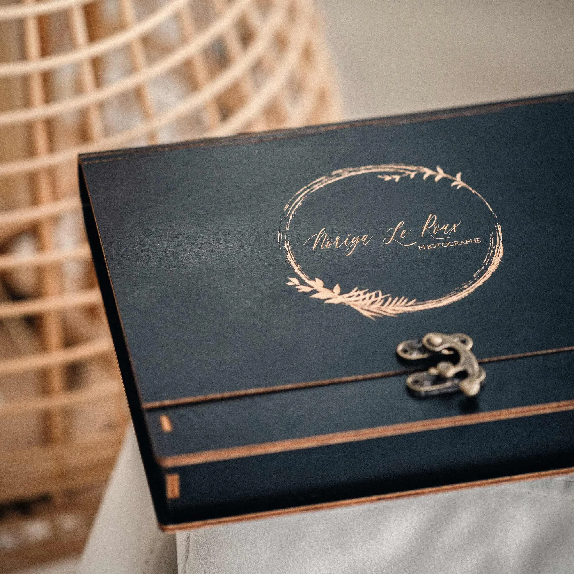 Black Wooden Box for Wedding Photo Presentation