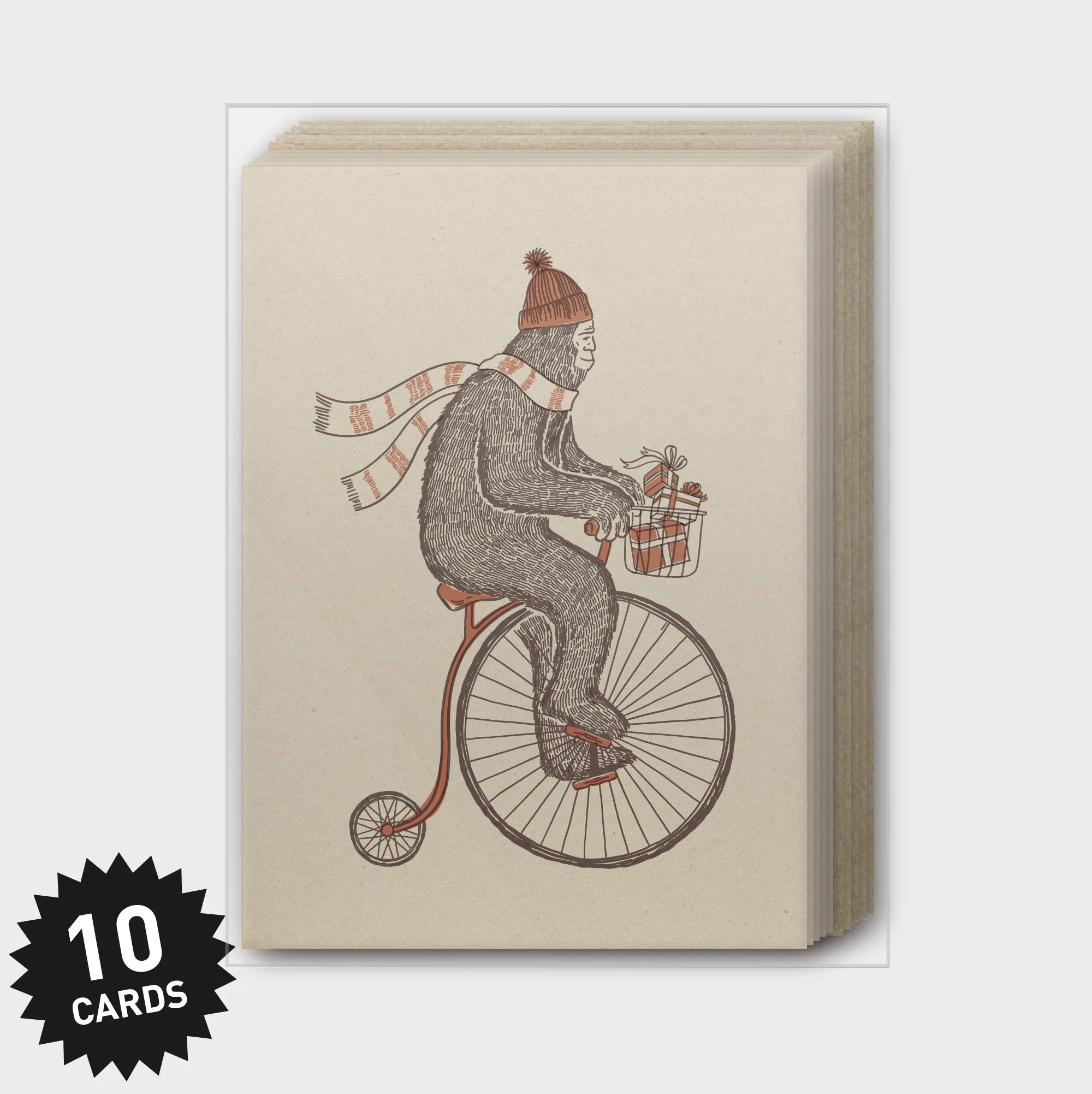 Box Set of 10 - Sasquatch Bike Holiday Kraft Greeting Card