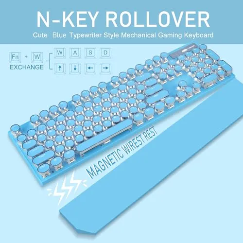 Camiysn Typewriter Style Mechanical Gaming Keyboard, Black Retro Punk Gaming Keyboard with RGB Backlit, 104 Keys Blue Switch Wired Cute Keyboard, Round Keycaps for Windows/Mac/PC