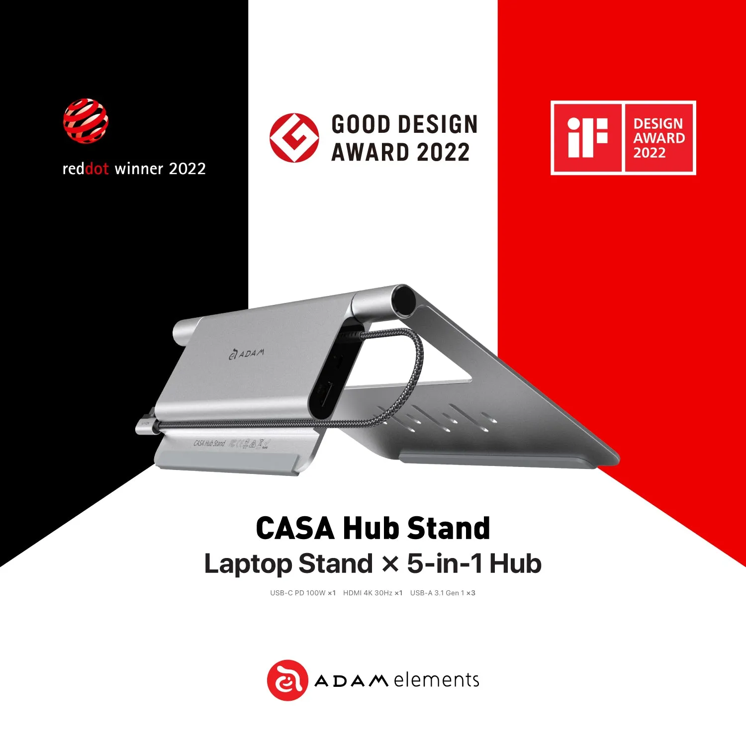 CASA Hub Stand - USB-C 5-in-1 Laptop Stand Hub   OMNIA Pro GaN 100W Super Charging Kit (Travel Plugs Included)