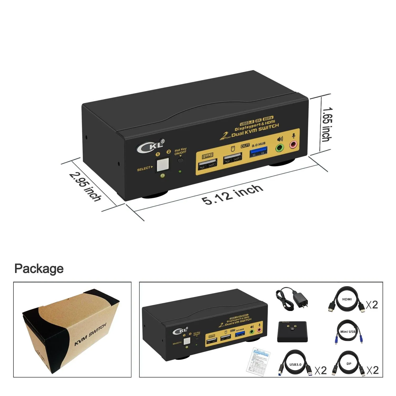 CKL 2 Port USB 3.0 KVM Switch Dual Monitor HDMI 2.0 4K@60Hz(HDMI Out)   DisplayPort 1.4 8K 30Hz 4K 120Hz 144Hz (DP Out), Keyboard Video Mouse Peripherals Switcher for 2 Computers 2 Monitors with Audio (622DH-4)