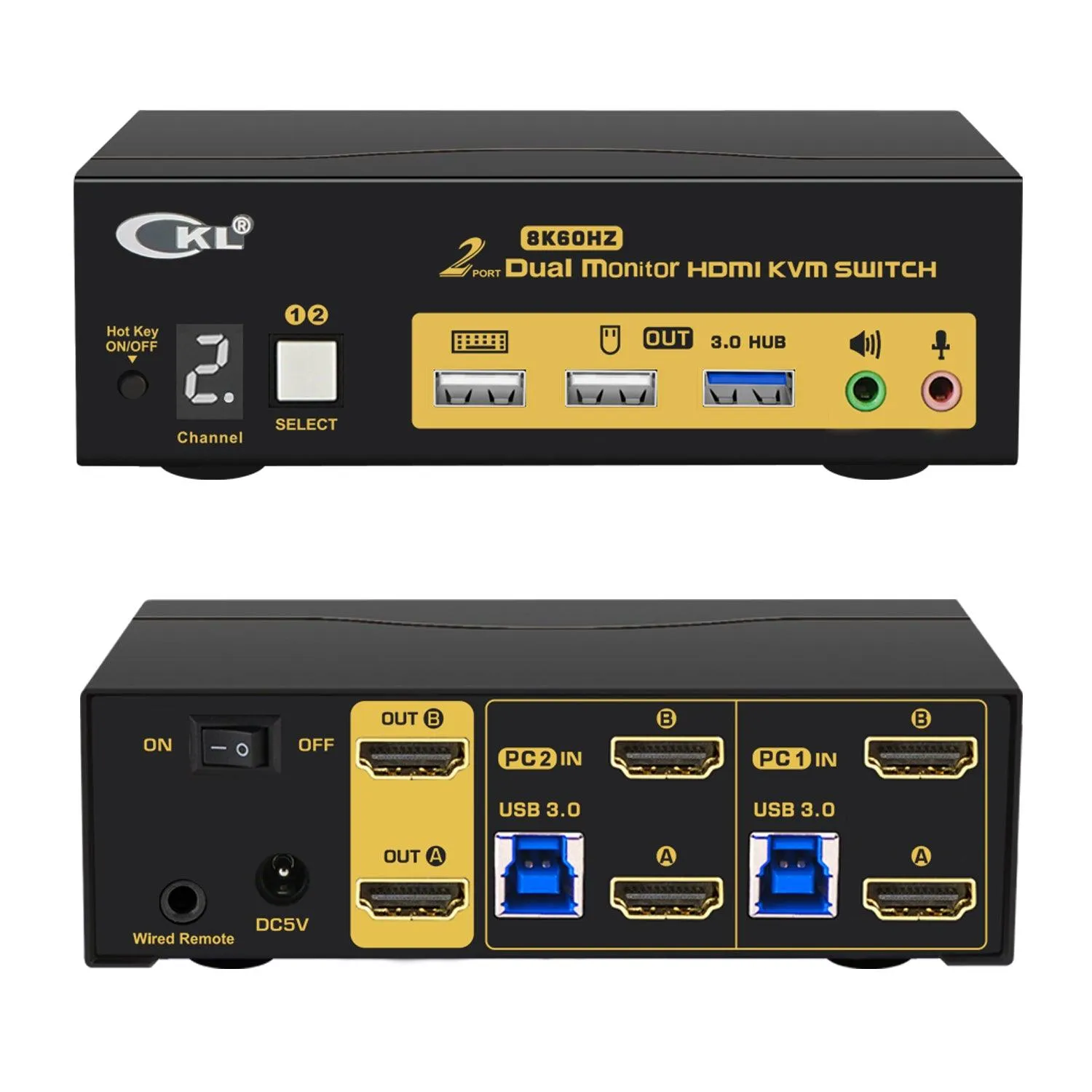 CKL 2 Port USB 3.0 KVM Switch Dual Monitor HDMI 2.1 8K 60Hz 4K 120Hz 144Hz with EDID for 2 Computers 2 Monitors 922HUA-5