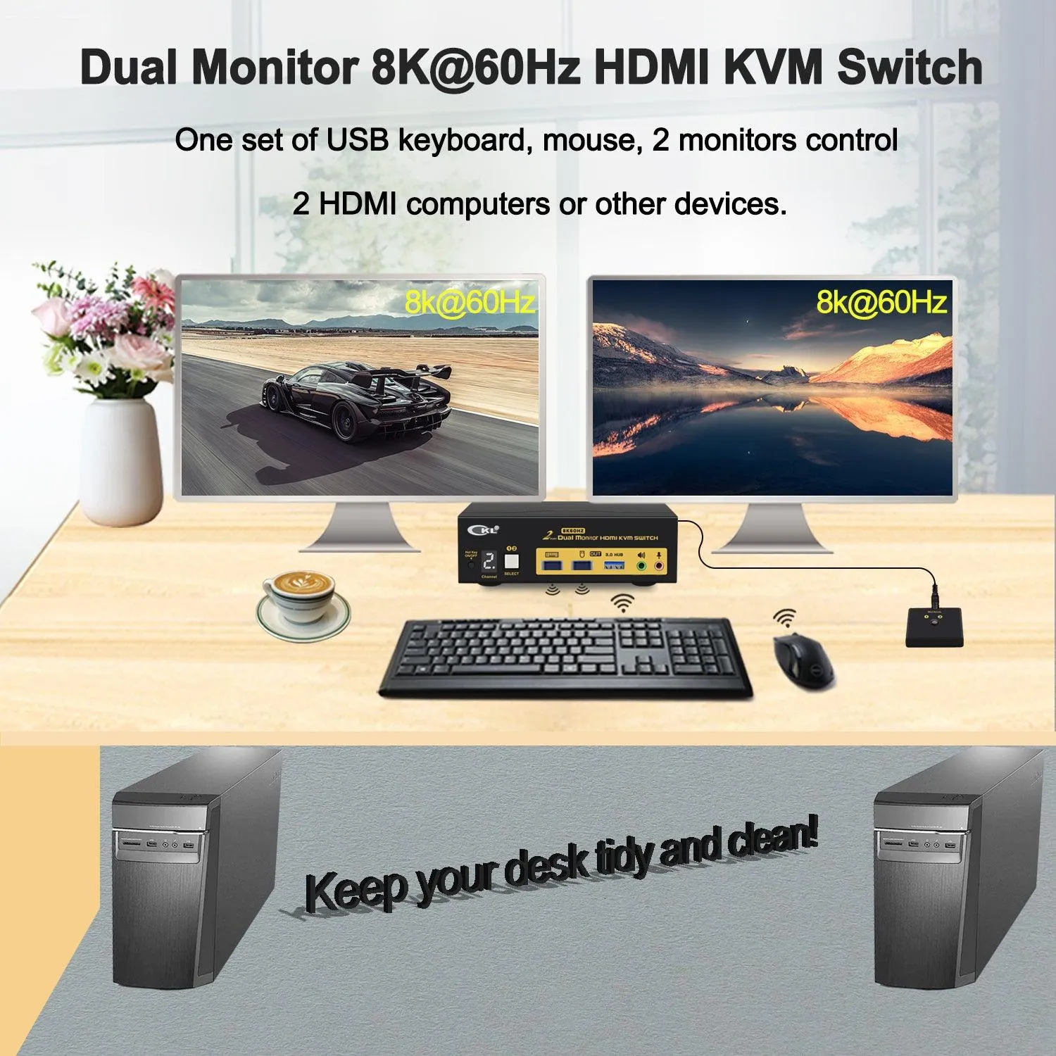 CKL 2 Port USB 3.0 KVM Switch Dual Monitor HDMI 2.1 8K 60Hz 4K 120Hz 144Hz with EDID for 2 Computers 2 Monitors 922HUA-5