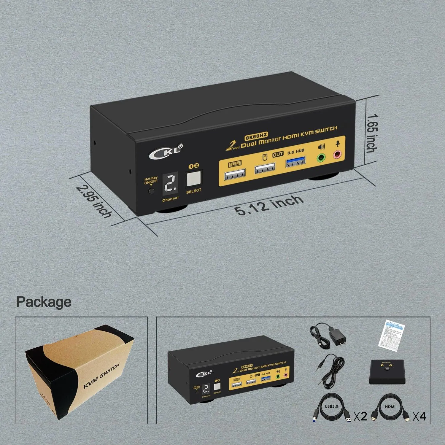 CKL 2 Port USB 3.0 KVM Switch Dual Monitor HDMI 2.1 8K 60Hz 4K 120Hz 144Hz with EDID for 2 Computers 2 Monitors 922HUA-5